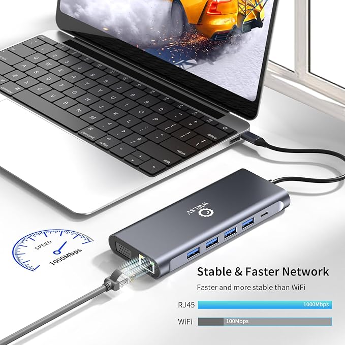 Laptop Docking Station 12-in-1 USB C Hub – HDMI 4K@60Hz (Single Display) Dual Display HDMI + VGA (1080p Shared Bandwidth) 100W PD Ethernet USB 3.0 SD/TF Audio for MacBook Dell HP Lenovo