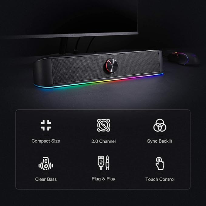 Redragon GS560 RGB Desktop Soundbar 2.0 Channel Computer Speaker with Dynamic Lighting Bar Audio-Light Sync/Display Touch-Control Backlit with Volume Knob USB Powered w/ 3.5mm Cable Black
