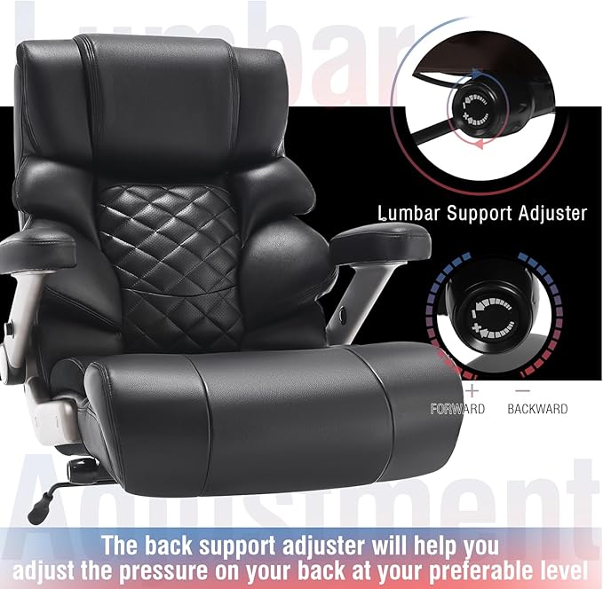 700lbs Big and Tall Office Chair - Adjustable Lumbar Support Heavy Duty Metal Base Quiet Rubber Wheels High Back Large Executive Computer Desk Swivel Chair Ergonomic Design for Back Pain Black