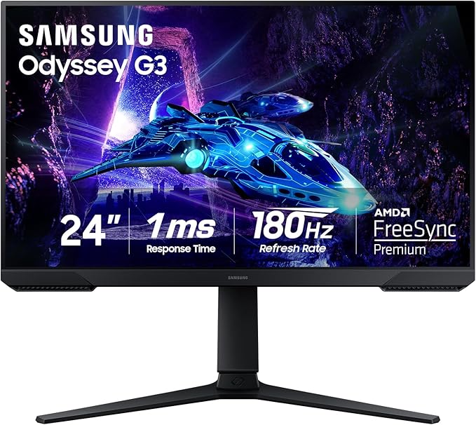 Samsung 24-Inch Odyssey G3 (G30D) Series FHD Gaming Monitor 1ms 180Hz AMD FreeSync Adjustable Stand Black Equalizer Virtual Aim Point Eye Saver Mode Flicker-Free LS24DG302ENXZA