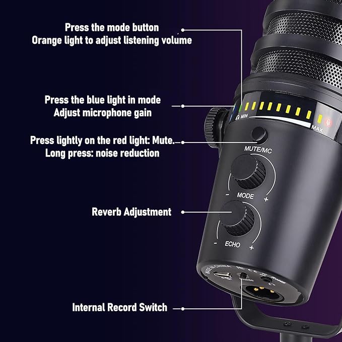 Akozon Professional Dynamic Microphone USB XLR Cardioid Mic Stand for Live Recording Karaoke Gaming