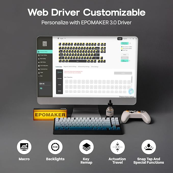 EPOMAKER G84 HE Wireless Hall Effect Keyboard 8K Polling &amp 8000mAh SOCD &amp DKS Gaming Keyboard with Fast Trigger &amp Adjustable Actuation RGB Backlit PBT Keycap Hot-Swap for Win/Mac (B