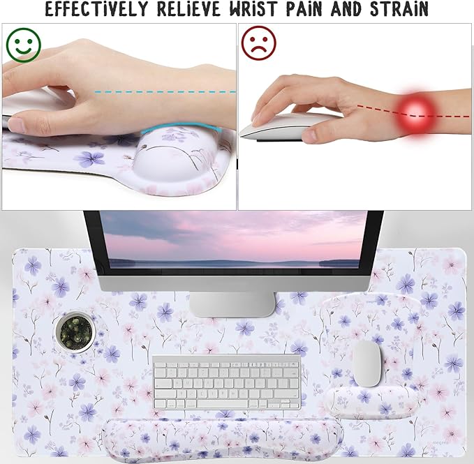 MEGREZ 4-in-1 Ergonomic Memory Foam Wrist Rest Set Desk Pad Mouse Pad with Wrist Rest Keyboard Pad Suitable for Office Workers Programmers &amp Gamers–Relieve Typing &amp Gaming Fatigue White