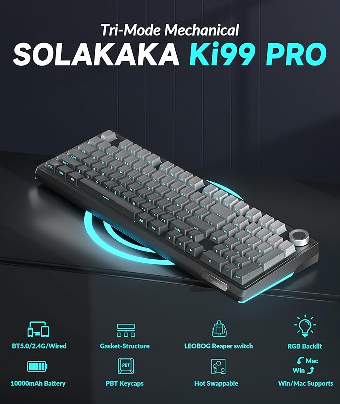 SOLAKAKA KI99 Pro 96% Wireless Mechanical Keyboard RGB Gaming Keyboard Hot-Swappable Pre-Lubed Switches Gasket Structure Creamy Keyboards (Gradient-Black Non-Silent Version)