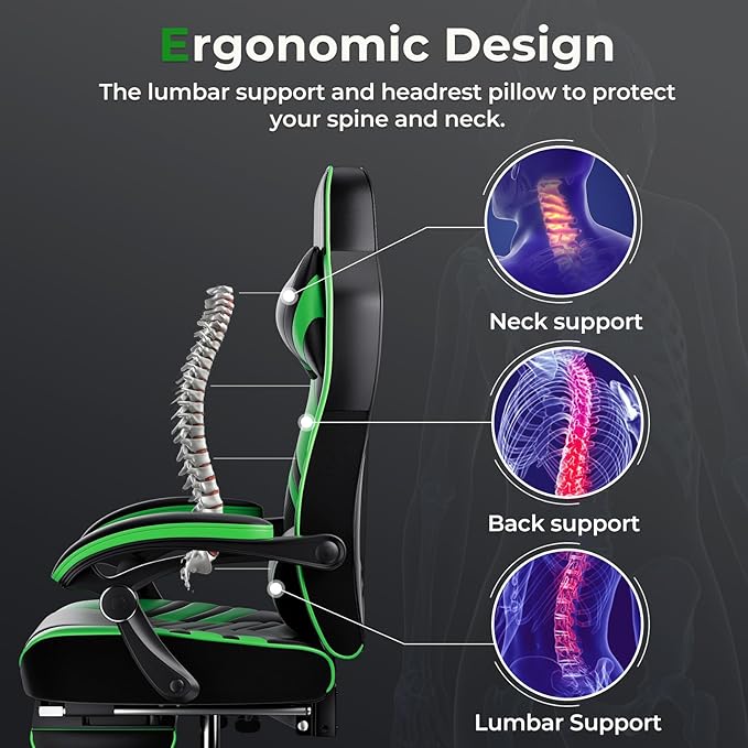 POWERSTONE Gaming Chair Video Game Chair with Footrest and Lumbar Support Racing Style PU Leather Computer Chair Ergonomic Adjustable Swivel Task Chair Green