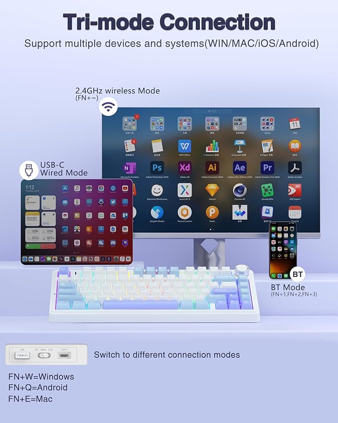 AULA F75 75% Wireless Mechanical Keyboard Hot Swappable Creamy Keyboard Pre-lubed Star Vector Switches RGB Backlit Gaming Keyboards 2.4GHz/Type-C/BT5.0(White&ampBlue&ampPurple)