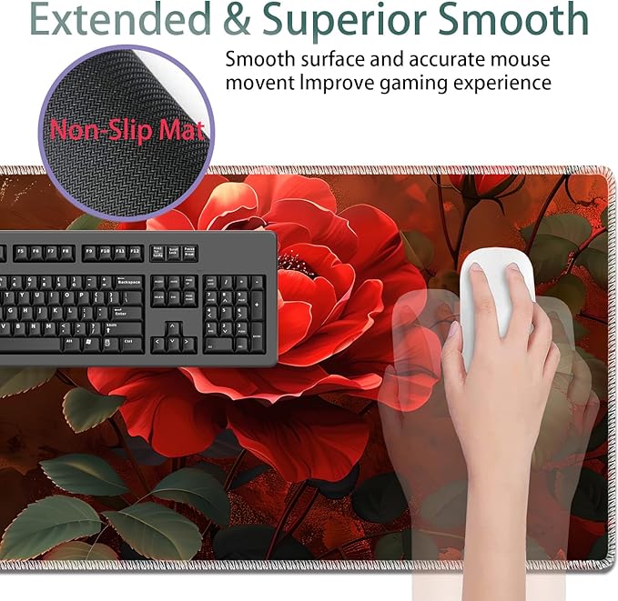 Large Gaming Mouse Pad + Keyboard Wrist Rest + Wrist Support + Coaster Set Memory Foam Ergonomic for Easy Typing XXL Extended Gaming Mouse Pad Table Pad - Red Rose