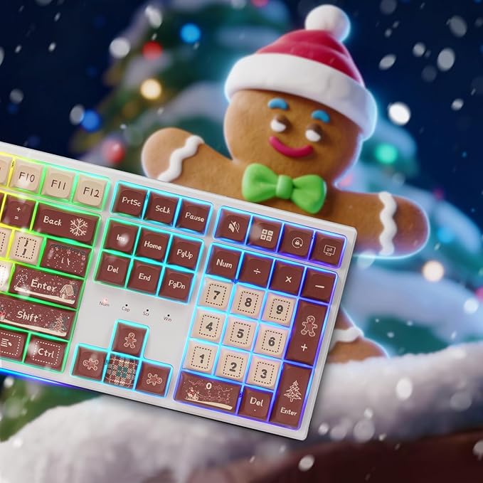 Redragon K668 Xmas Wired Gasket RGB Gaming Keyboard 108 Keys Mechanical Keyboard w/Extra 4 Hotkeys Upgraded Hot-swappable Socket Sound Absorbing Foam Christmas Gingerbread Man Themed Cute Keycaps
