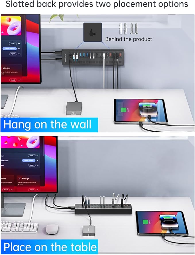 Powered USB 3.0 Hub ACASIS 16 Port USB Hub Powered(Include 2*USB C 3.0+4 Smart Charging Port) with 60W Power Adapter Support Wall Mount USB Hub for PC Laptop Mac Printer Camera