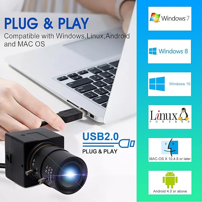 4K Wide Angle Varifocal Zoom Lens Webcam Ultra HD 2160P 30fps Plug and Play USB Computer Camera for Windows/Linux/Raspberry Pi/Mac