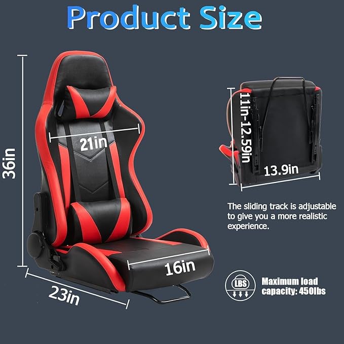 Racing Simulation Cockpit Adjustable Double Slide Gaming Seat Wear Resisting PU Leather Compatible with Simulator Mount Chair Ergonomic Red Bucket with Neck Pillow Lumbar