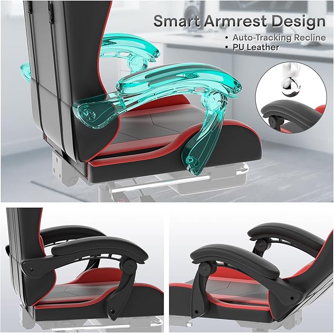 Athena Collection Ergonomic Gaming Chair with Footrest &amp Headrest Lumbar Support Height Adjustable Swivel Office Chair Reclining Game Chair Leather High Back Computer Chair for Adults Kids Red