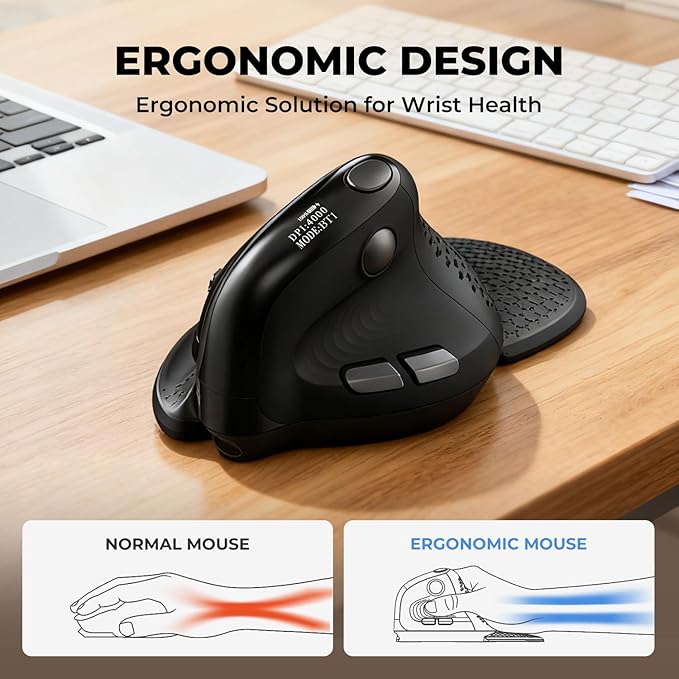 DELUX Seeker Ergonomic Mouse Wireless Vertical Mouse with OLED Screen 6 Buttons&ampThumb Wheel Function Silent Click Up to 7200DPI Programmable Rechargeable BT/2.4G/Wired RGB Light(M618XSD-Bl