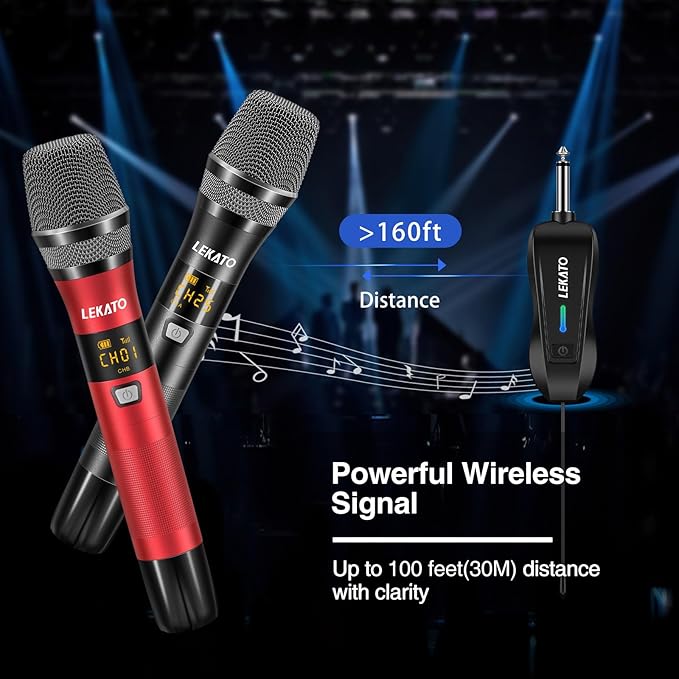 LEKATO Wireless Microphone Rechargeable Wireless Microphones with Receiver Dual Handheld Microphone System Dynamic MIC for Singing Speech Wedding ChurchSpeaker PA System