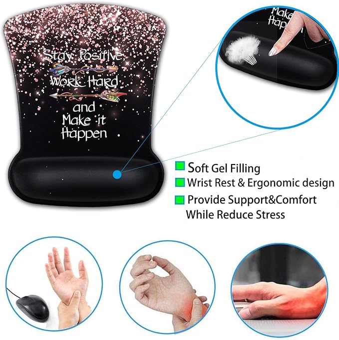 Mouse Pad with Wrist Support Ergonomic Gel Mouse Pad Memory Foam Keyboard Wrist Rest Suitable for Office Typing Games Desktop Decoration Rose Gold Glitter Black MousePads