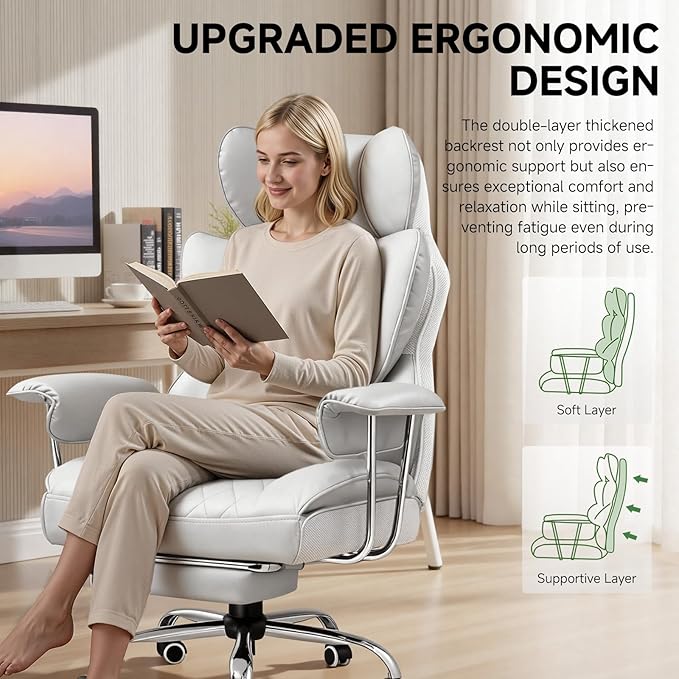 COMHOMA Big and Tall Gaming Chair with Pocket Spring Lumbar Support Ergonomic Office Chair with Footrest Executive Desk Chair with Outward Fixed Soft Armrests Computer Chair with High Back White