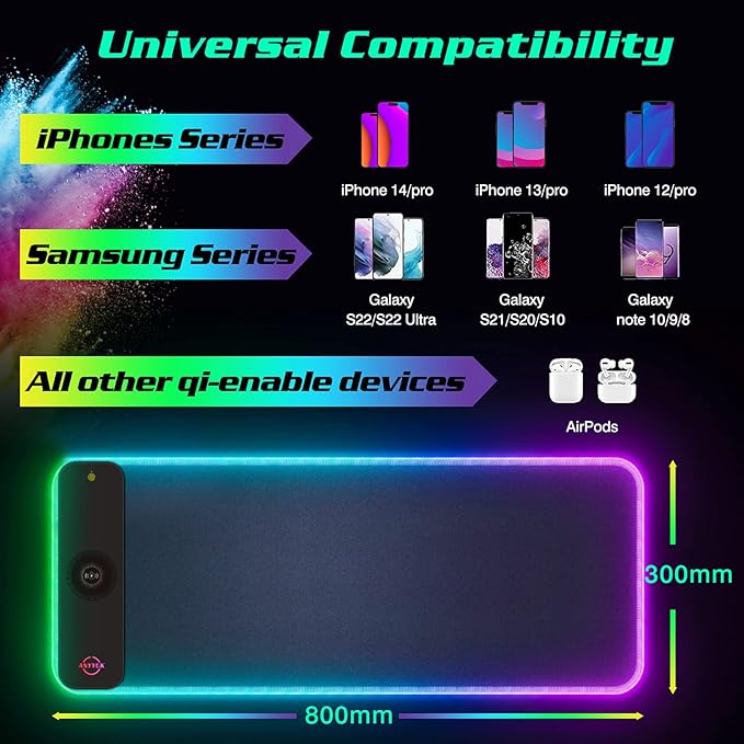 RGB LED Mouse Pad with 15W Wireless Charger Gaming Mouse Pad with 10 Light Modes Extra Large Mousepad Non-Slip Rubber Base Computer Keyboard Mat for Men