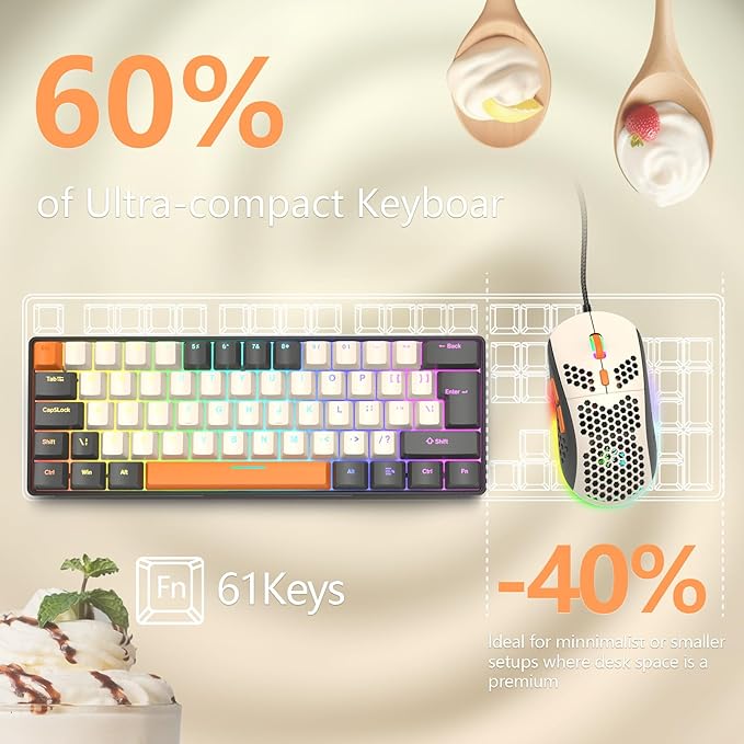 RK-T60 Wired 60% TKL Mechanical Gaming Keyboard Led Rainbow Backlight Ultra-Compact NKRO Linear Red Switch ABS Keycap RGB Honeycomb Mice Coiled Aviator Cable for Windows Laptop PS4/PC/WIN Gamer