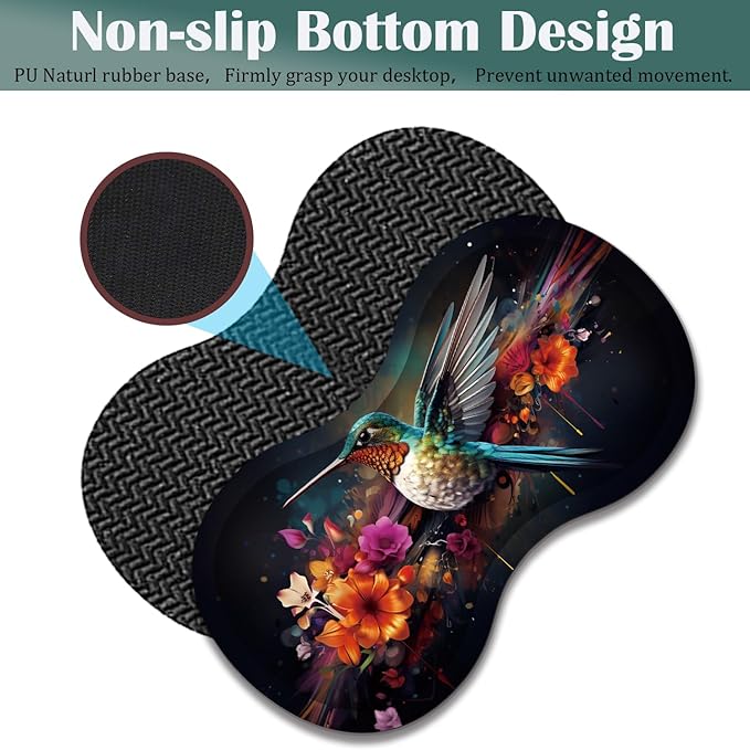 Large Game Mouse Pad + Wrist Support Pad + Coffee Coaster Desk Pad with Sewn Edges Anti-Slip Set pad Suitable for Office Work and Home - Colorful Hummingbird with Flower