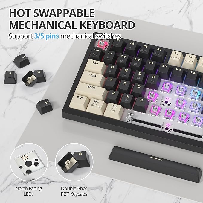 400PRO 75% Wireless Creamy Mechanical Keyboard Black Gasket Hot Swappable RGB Gaming Keyboard Bluetooth/2.4GHz/USB-C Thocky Keyboard with Pre-lubed Cream Grey Switches (82 Black)