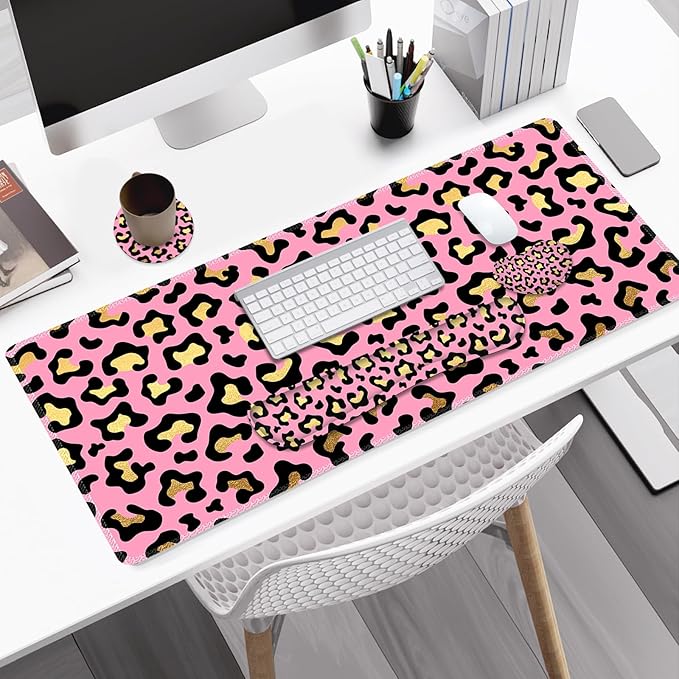 Large Gaming Mouse Pad Set 4 in 1 Extended Keyboard Desk Mat with Wrist Rest PC Computer Game Mousepad Set Non-Slip Desk Pad Easy Typing Pain Relief for Home Office I Pink Leopard Print