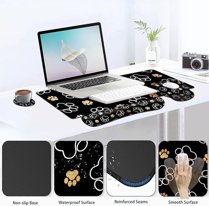 Large Mouse Pad Ergonomic Mouse Pad with Wrist Rest and Keyboard Wrist Rest 4 in 1 Set 31.5 x11.8 inch Extended Desk Pad for Home Office Gold White Cute Dog Paws Prints Black XXL Gaming Mouse Mat