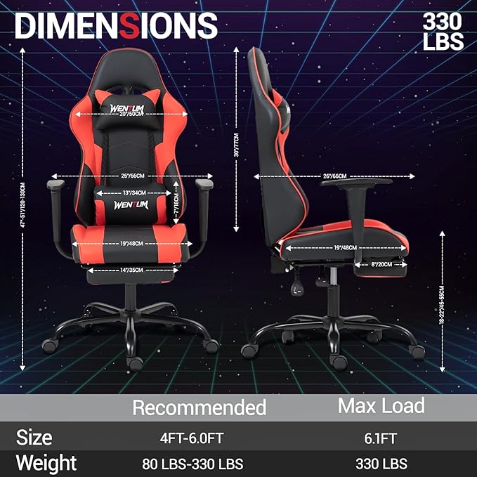 Gaming Chair with Footrest Ergonomic PC Desk Chair with Headrest and Massage Lumbar Support Video Game Chair w/Height Adjustable High Back for Home Office Red