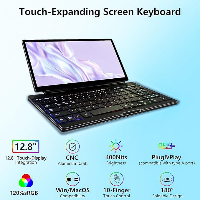 Portable Touchscreen Monitor with Silent Keyboard 12.8-inch Ultra-Slim Stretched Bar Screen Folding FHD 120% sRGB USB-A/C Compatible Screen for Computers Laptops Mini PCs Console
