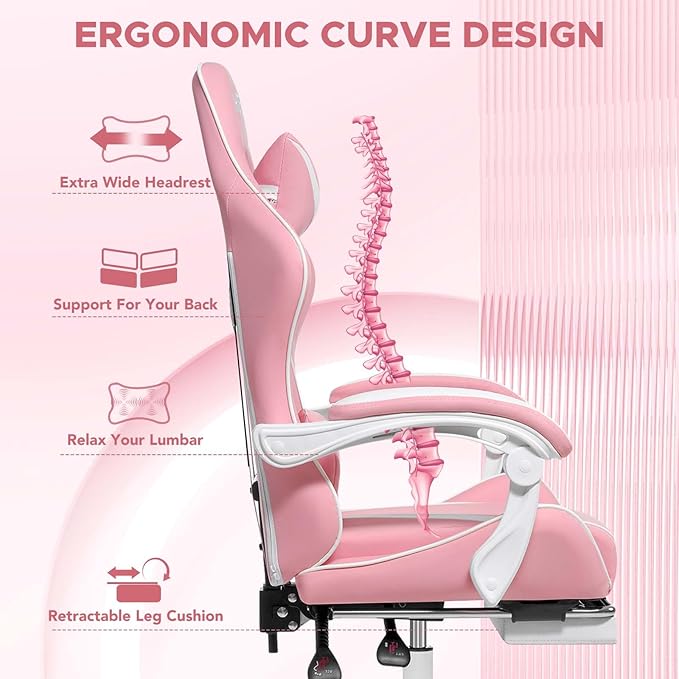 HOFFREE Pink Gaming Chair for Girls with Massage Computer Gamer Chair with Footrest and Lumbar Support Reclining PC Game Chair with Headrest for Gaming Room