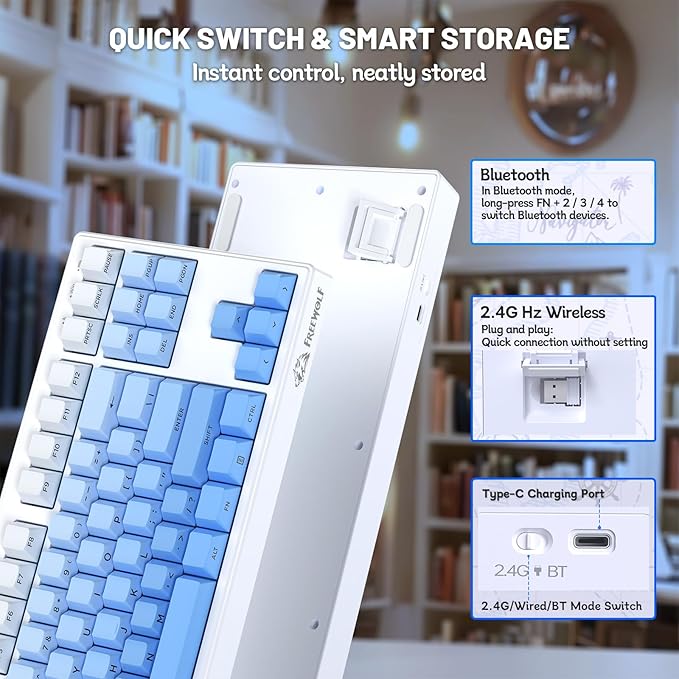 M87V2 87 Keys Membrane Gaming Wireless Keyboard80% TKL Layout Side Printed Keys Retro Cute CreamyRGB Backlit 4000mAh 2.4G/BT/Wired Computer Silent Keyboard for MAC PC- Gradient Blue