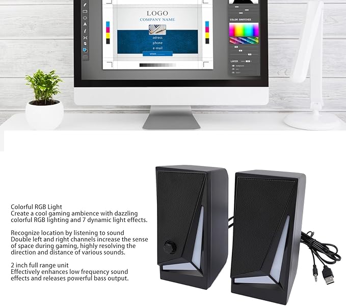 2 Inch Computer Speakers USB RGB 7 Dynamic Light Effects with 3.5mm Port Full Range Unit for Desktop PC Laptop Gaming Sound System