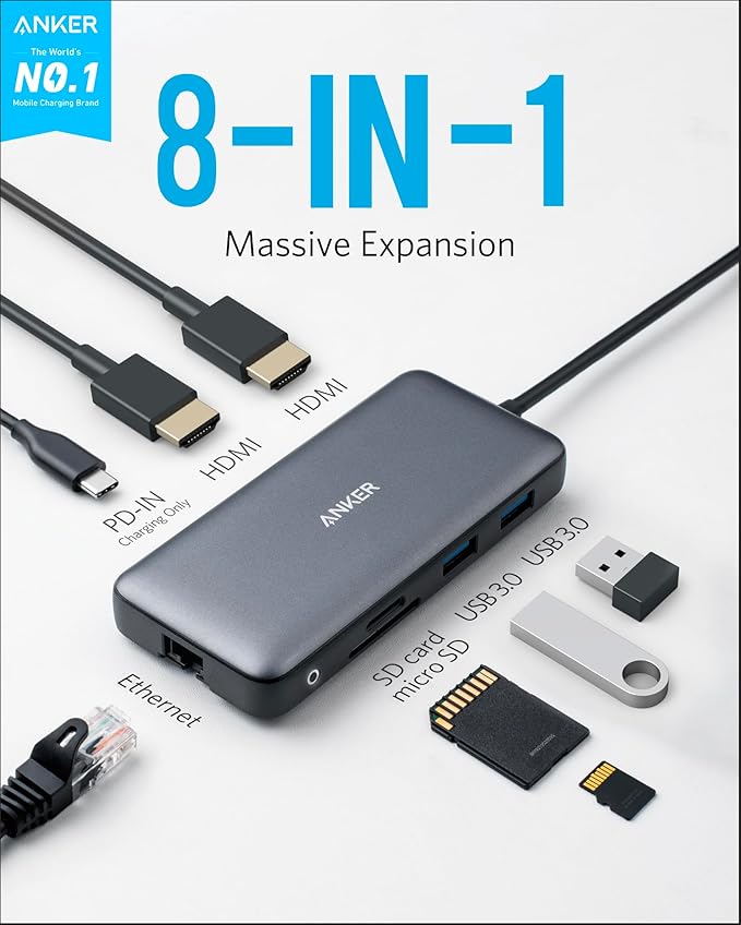 Anker Laptop Docking Station Dual Monitor 8-in-1 USB C Hub 4K Dual Monitor with 2 HDMI 1 Gbps Ethernet Hub 85W Power Delivery SD Card Reader for XPS and More (Charger not Included)