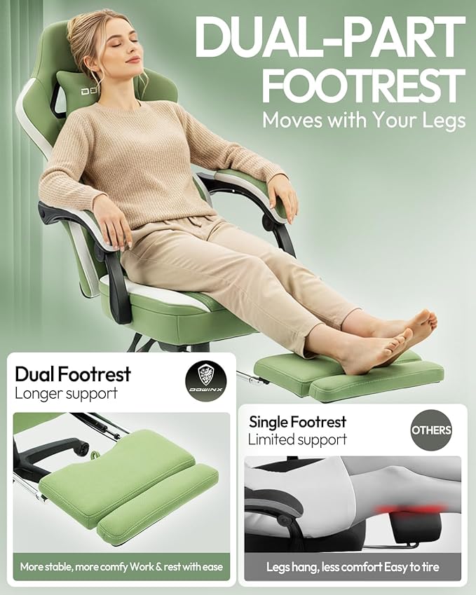 Dowinx Gaming Chair Breathable Fabric Game Chair with Gel Pad and Storage Bag Comfortable Gamer Chair with Pocket Spring CushionErgonomic Computer Chair with FootrestGreen and White