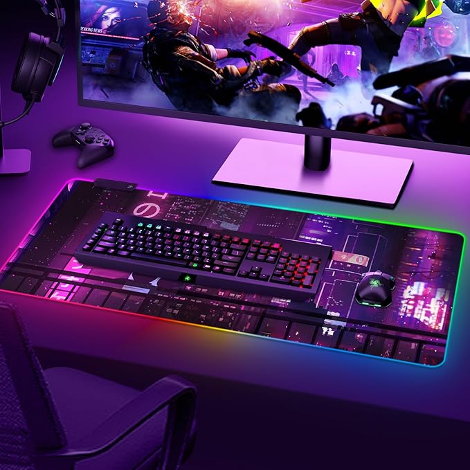 ARTSO Large RGB Gaming Mouse Pad Purple Extended Soft Led Mouse Pad with 14 Lighting Modes Water Resist Keyboard Pad Non-Slip Rubber Base Computer Mousepads Mat 35.4x15.7inchPurple Neon Sign