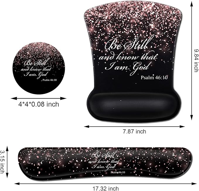 Keyboard Wrist Rest and Mouse Pad with Wrist Support Ergonomic Gel Mouse Pad and Coaster for Easy Typing Pain Relief Memory Foam Keyboard Wrist RestPsalm 46-10 Rose Gold Glitter Black Mousepads