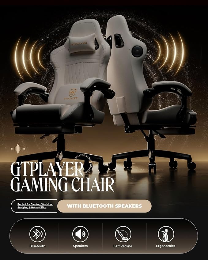 GTPLAYER Gaming Chair with Speakers Video Game Chairs with Footrest PC Gamer Chairs for Adults - Padded High Back Ergonomic Reclining Silla Gamer Linkage Armrest Ace Pro Ivory