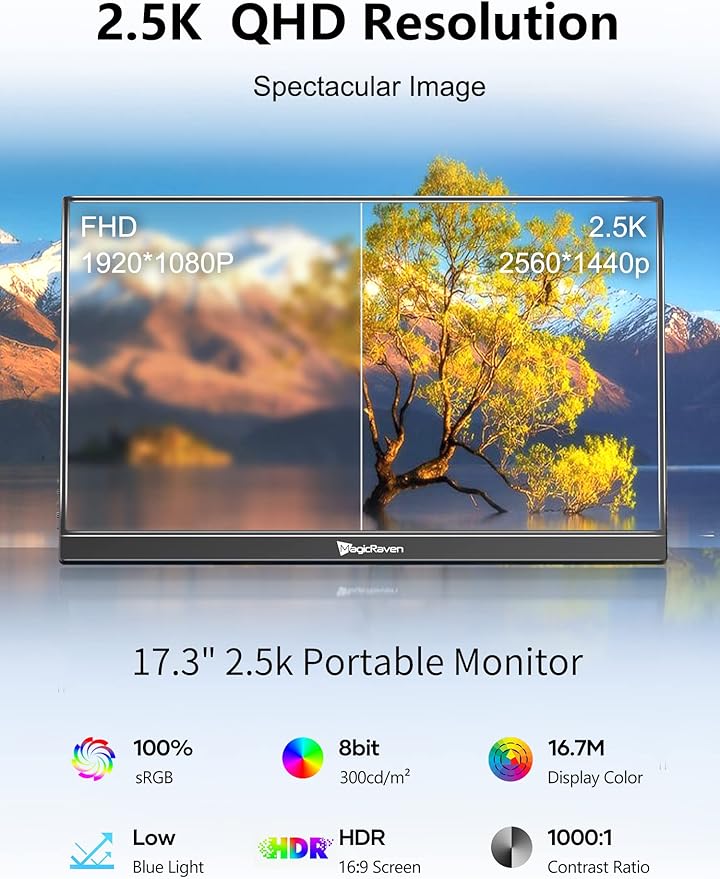 2.5K Portable Monitor 17.3 QHD IPS Laptop Screen VESA USB C HDMI Second Computer Gaming Display with 2 Speakers Travel Monitor for MacBook Phone PS4/5 PC Phone Xbox Switch