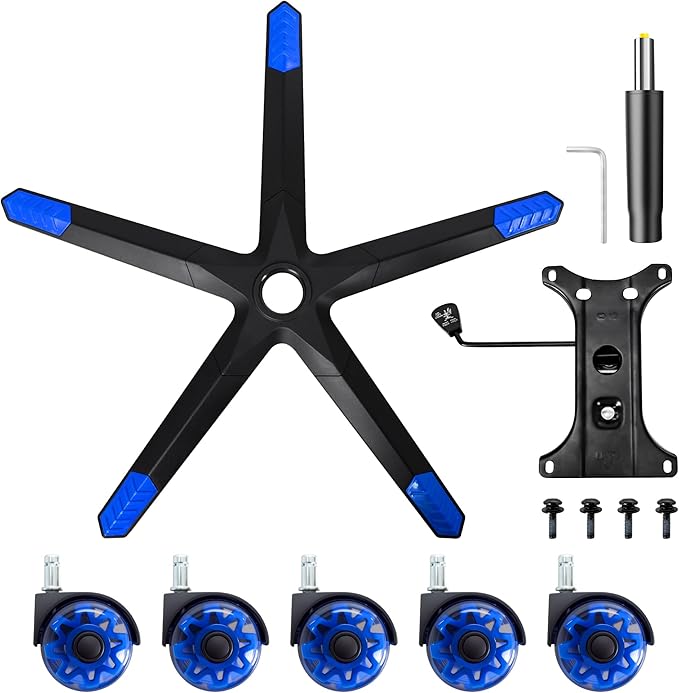 Frassie Nylon Gaming Chair Base Replacement Set with Bottom Plate Mechanism Gas Cylinder 5 Dual Rubber Wheels (Blue)