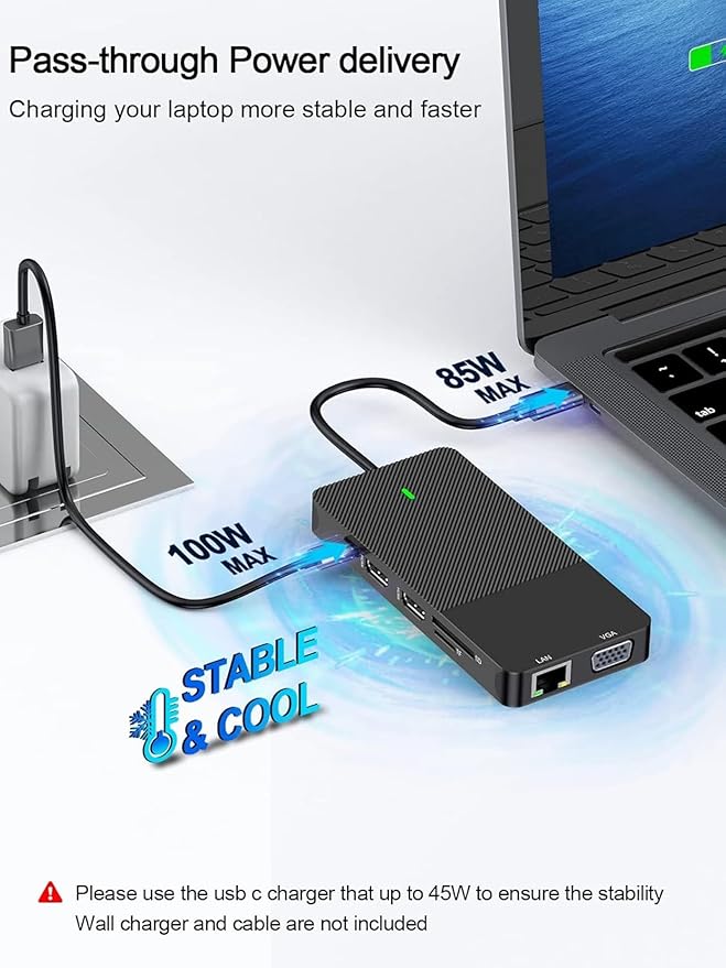 12-in-1 USB C Docking Station with Dual 4K HDMI VGA Gigabit Ethernet 100W PD Charging 4 USB Ports SD/TF Card Reader for MacBook/Windows/Laptop