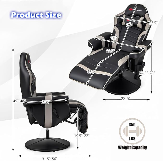 POWERSTONE Gaming Recliner Adjustable Massage Gaming Chair with Cup Holder Footrest Ergonomic Single Sofa Living Room Home Theater Seating with Side Pouch (Grey)