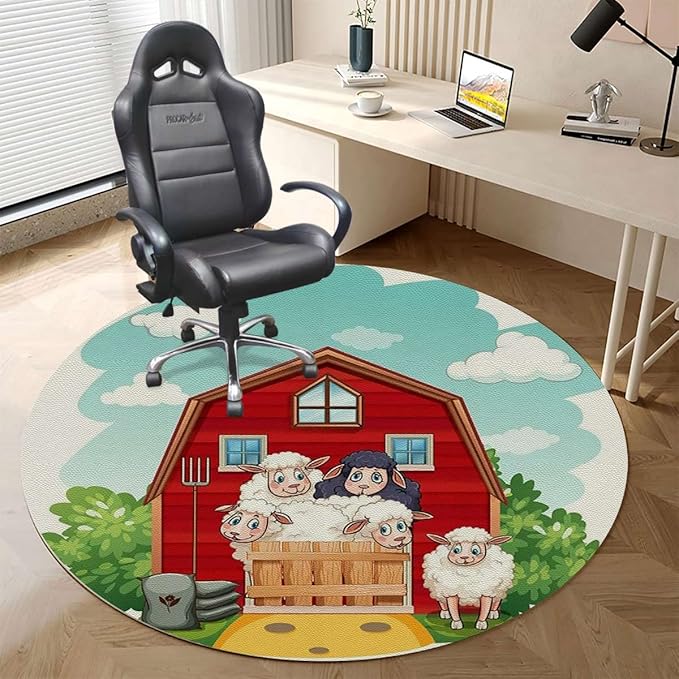 Green PU Leather Desk Chair Mat for Hard Floors Rural Woodenshack Cartoon Happy Farm Animals Computer Chair Matfor Rolling ChairLarge Floor ProtectorEasy Clean Manga Diameter 47.2 in