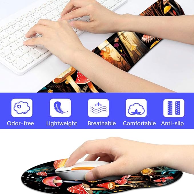 Keyboard Wrist Rest and Mouse Pad Wrist Support Set with CoasterComfortable for Easy TypingPain ReliefMemory Foam Keyboard Pad Set for Laptop MacCute Mushrooms