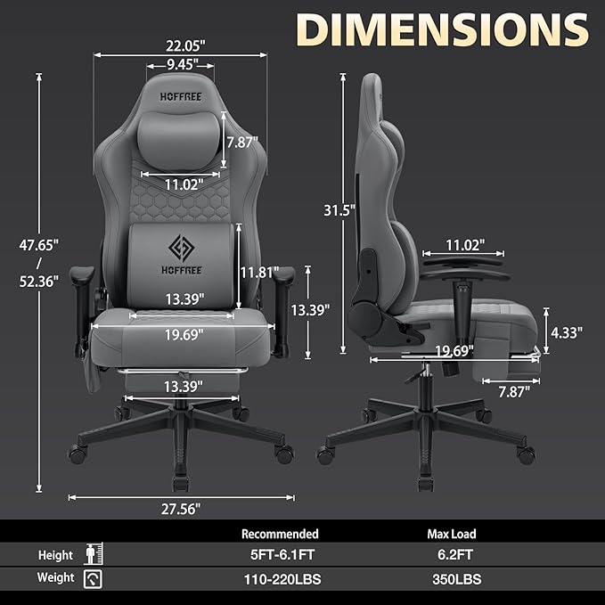 HOFFREE Gaming Chair Suede Fabric with Pocket Spring Cushion Massage Gaming Chairs with Footrest 350LBS Computer Office Chair for Adults Ergonomic Computer Chair with Lumbar Support Grey