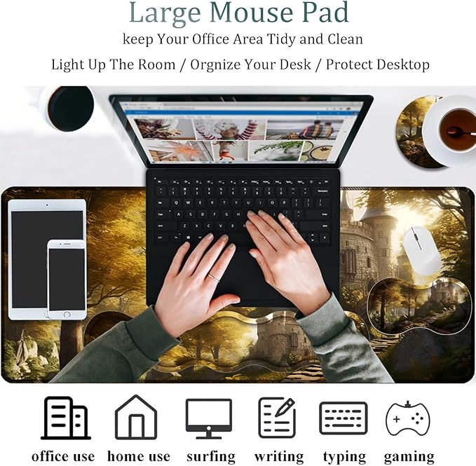 Mouse Pad Combo Large Gaming Mouse Pad + Keyboard Wrist Support + Mouse Wrist Rest + Coaster Table Pad 31.5 x 11.8 with Memory Foam Ergonomic Wrist Pad Set Fairytale Castle