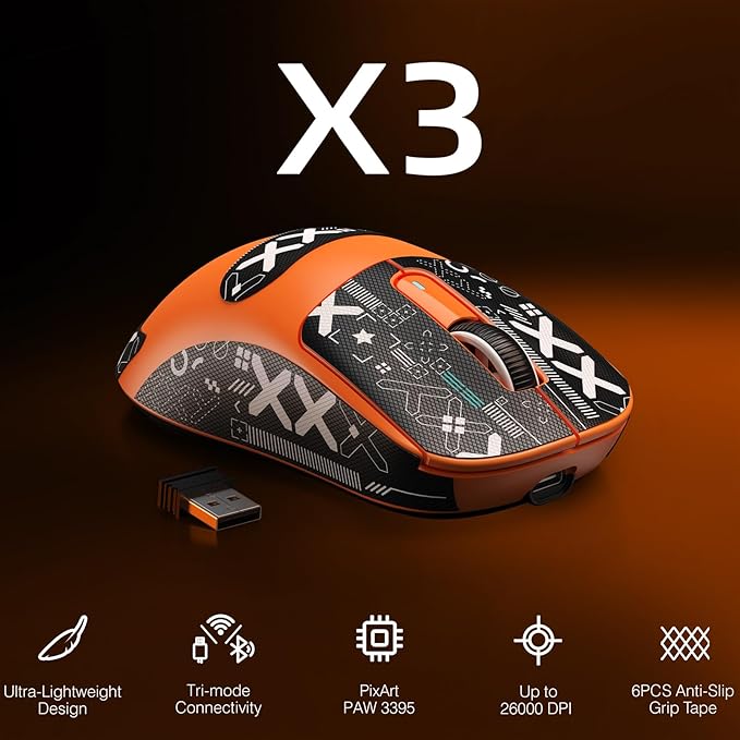 MANBASNAKE Attack Shark X3 Wireless Gaming Mouse 49g Triple Mode Ergonomic Computer Mouse PAW3395 26K DPI Sensor 200h Battery Life Griptape Programmable Buttons for PC/Laptop/Mac (Orange)