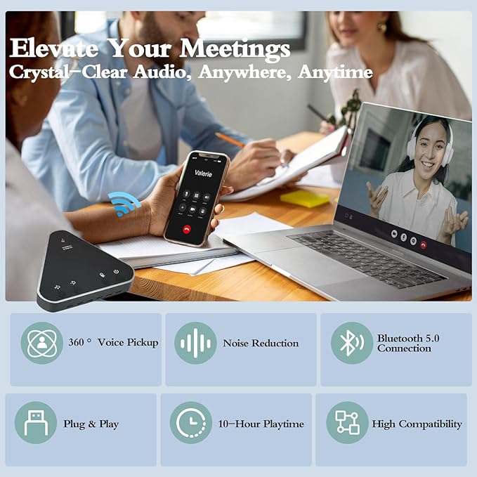 Conference Speaker and Microphone Bluetooth Speakerphone with 360° Voice Pickup USB-C Plug &amp Play Compatible with Leading Platforms for Personal Workspaces