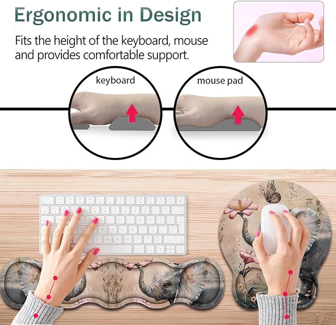 Keyboard Wrist Support + Wrist Mousepad + Coaster Combination Non-Slip PU Base with Gel Memory Mousepad Suitable for Gaming Office Pain Relief Mousepad Set - Cute Little Elephant Flower