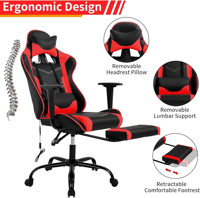 BLKMTY Massage Gaming Chair with Footrest Ergonomic Office Chair Racing Computer Chairs PU Leather with High Back Lumbar Support Headrest Reclining Chairs Red