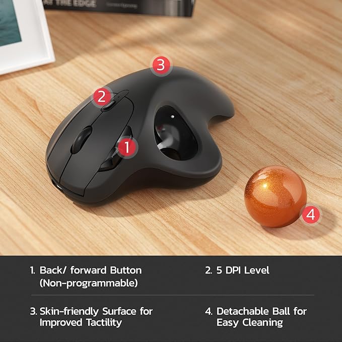 Nulea M501 Wireless Trackball Mouse Rechargeable Ergonomic Easy Thumb Control Precise &amp Smooth Tracking 3 Device Connection (Bluetooth or USB Receiver) Compatible for PC Laptop Mac (H-DOran