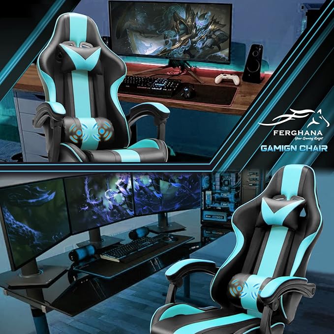Ferghana Gaming Chairs Ergonomic Racing Style PC Game Computer Chair with Headrest Lumbar Support Adjustable Recliner PU Leather Video Computer Chair(Lake Blue)